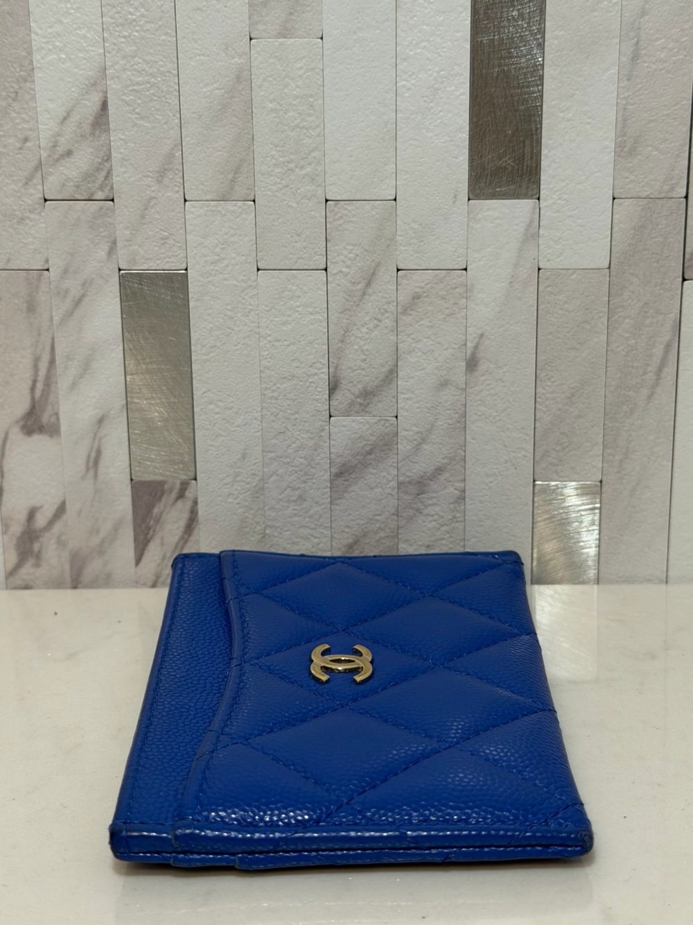 💙*RARE* CHANEL Caviar Quilted Card Holder Wallet in Cobalt Blue - Picture 8 of 15